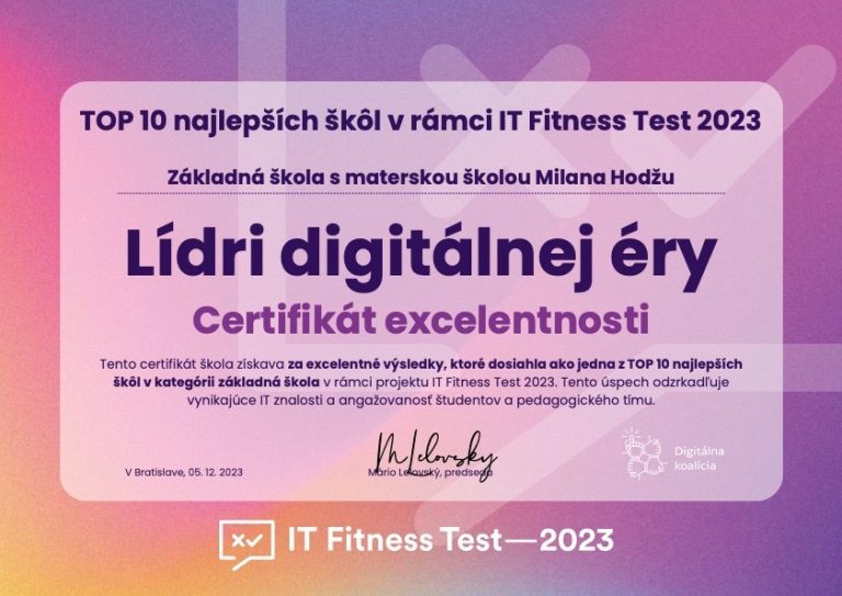 Získali sme certifikát excelentnosti
