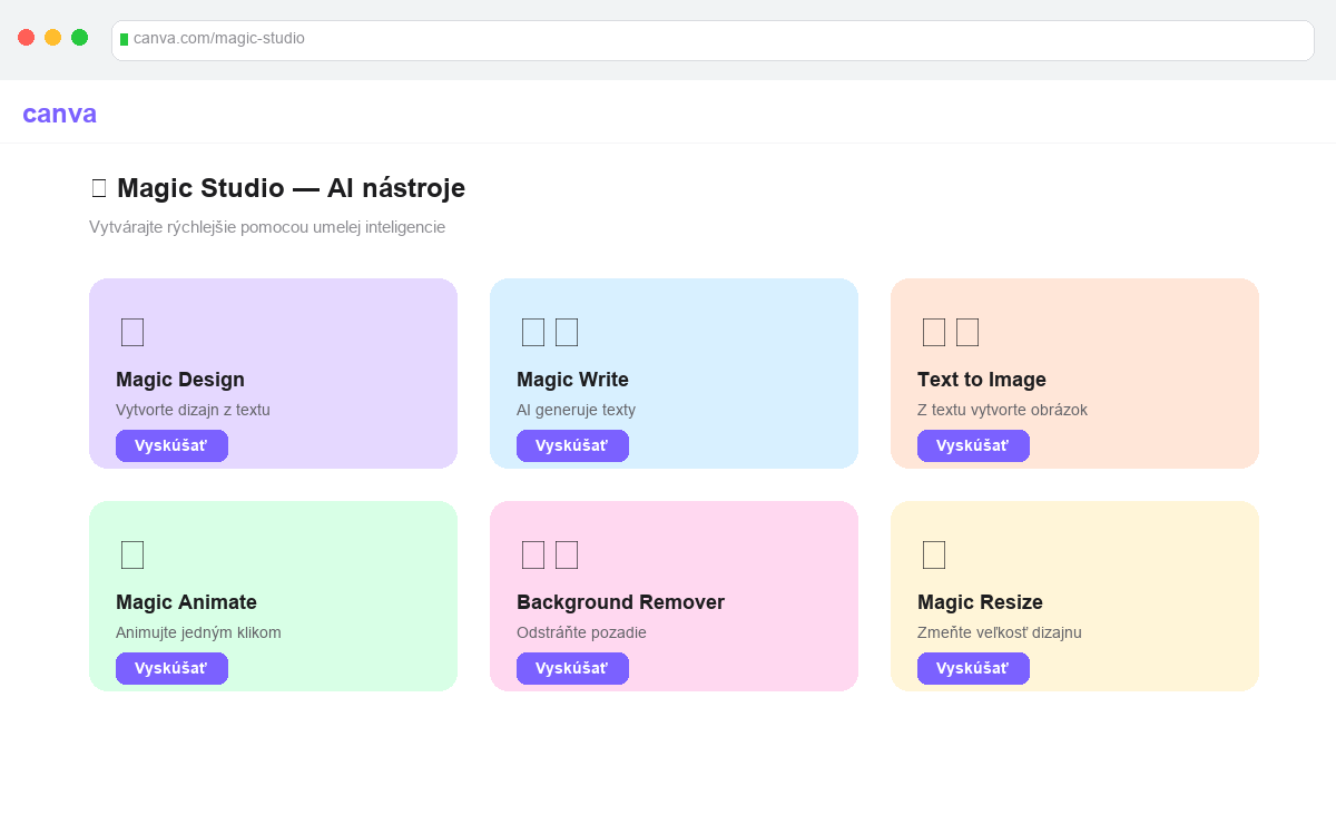 Panel AI funkcií v Canve — Magic Design, Magic Write a Text to Image