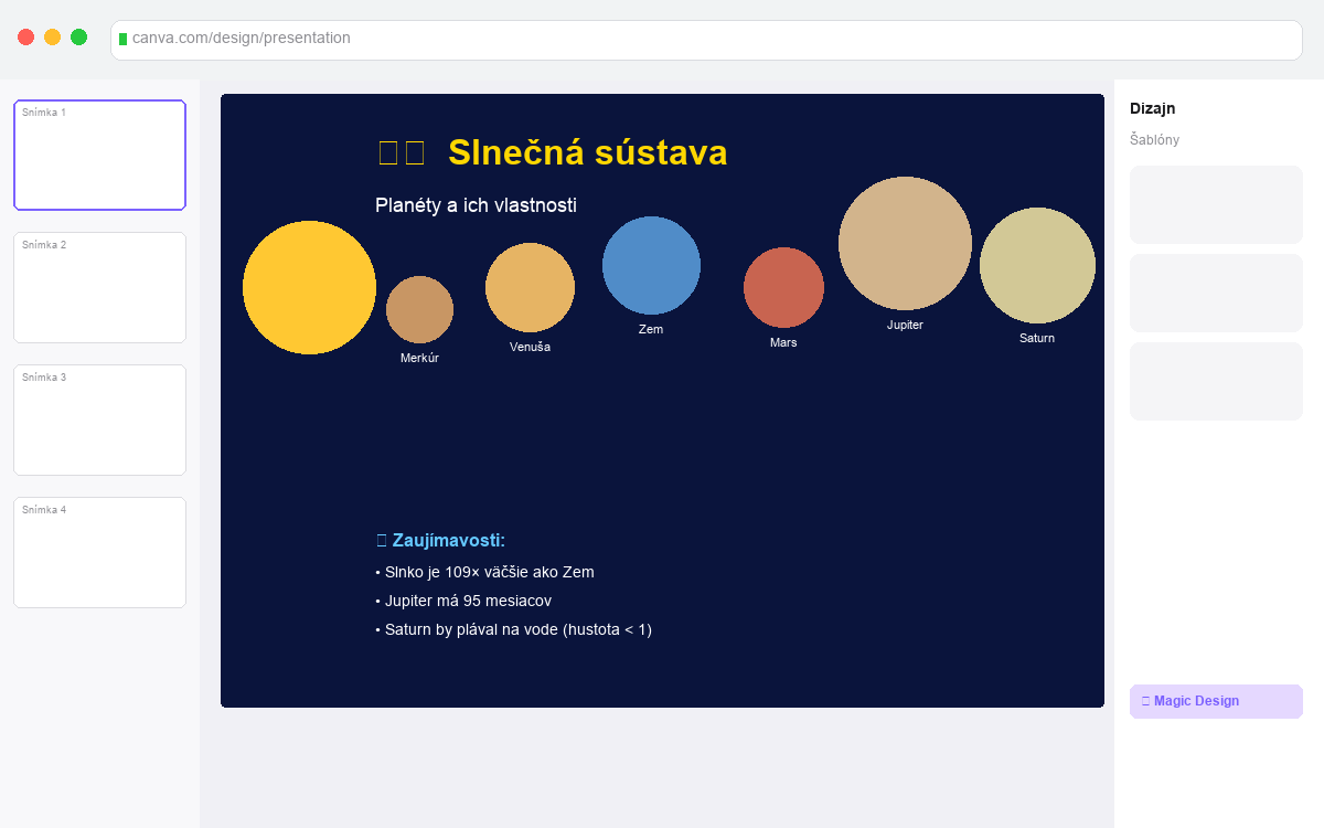 Prezentácia o slnečnej sústave vytvorená cez Canva Magic Design