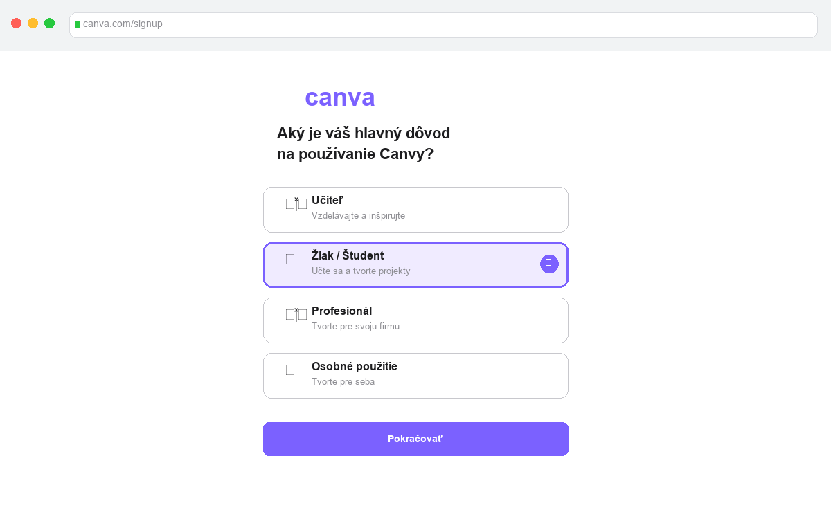 Registračná obrazovka Canva — výber roly Žiak (Student)