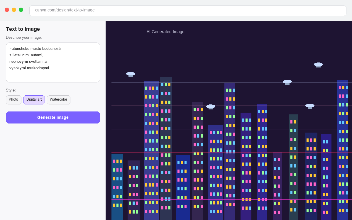 Ukážka AI obrázka vygenerovaného cez Canva Text to Image — futuristické mesto
