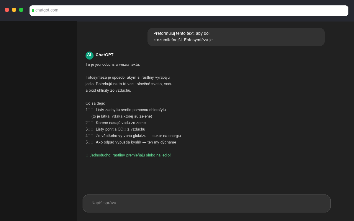 ChatGPT konverzacia - preformulovanie textu o fotosynteze