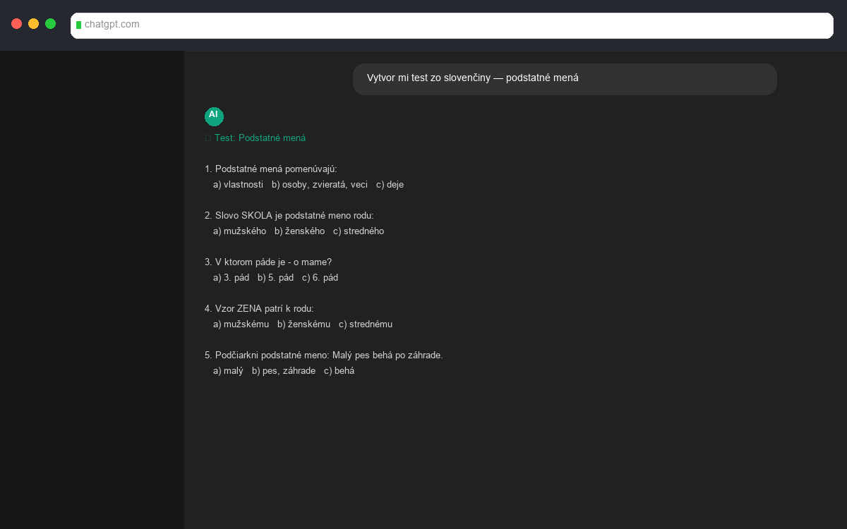 Ukážka kvízu na prípravu na písomku vygenerovaného v ChatGPT