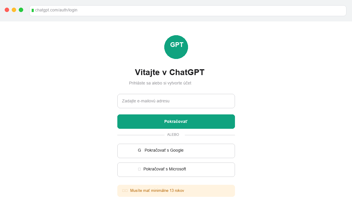 Registračná stránka ChatGPT — chatgpt.com/auth/login
