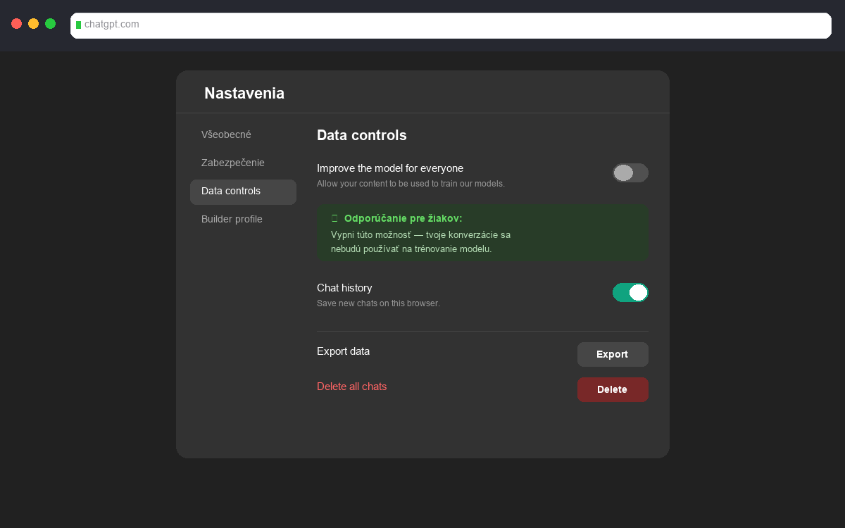 Nastavenie Data controls v ChatGPT — vypnutie tréningu modelu