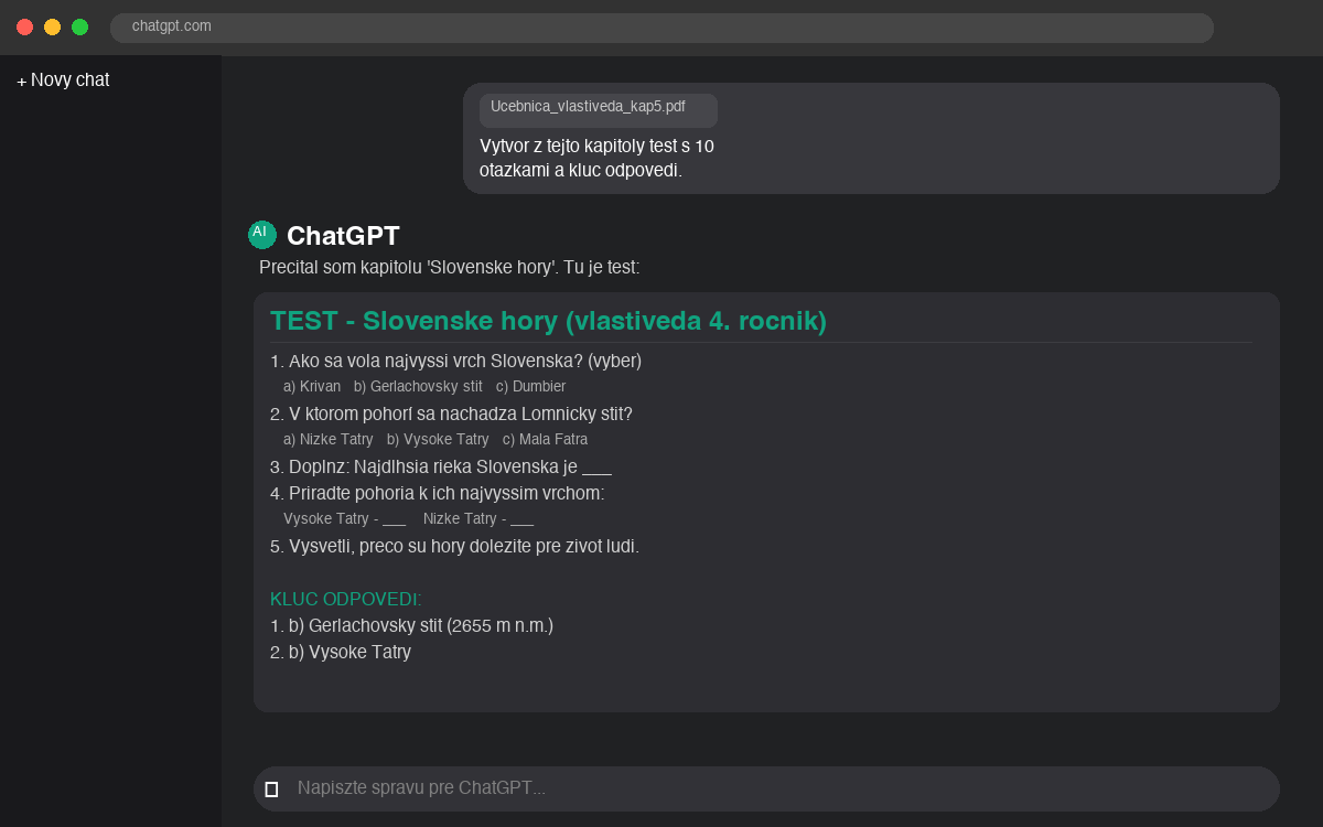 Nahrávanie súboru do ChatGPT cez ikonu spinky