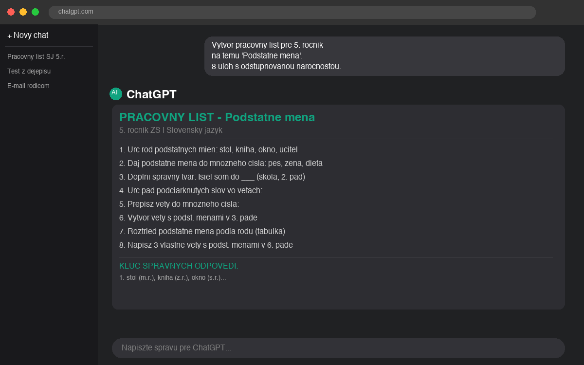 Ukážka vygenerovaného pracovného listu v ChatGPT
