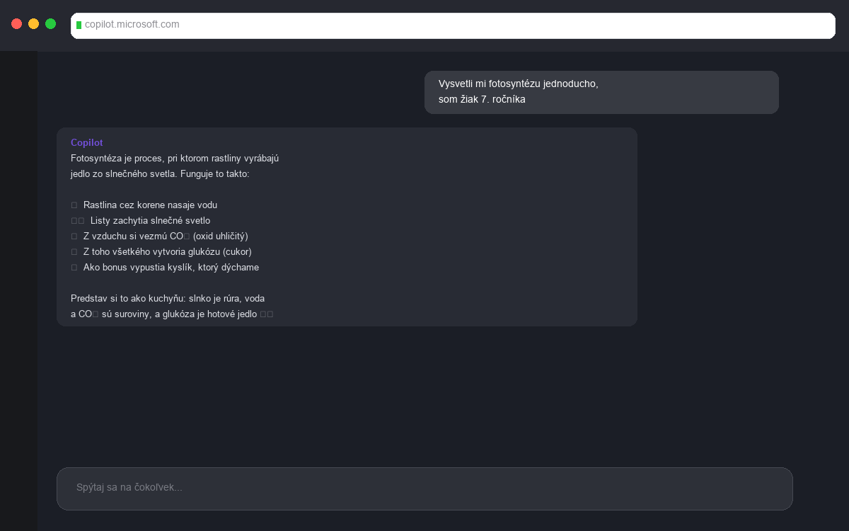 Copilot konverzacia - vysvetlenie fotosyntézy pre žiaka 7. ročníka