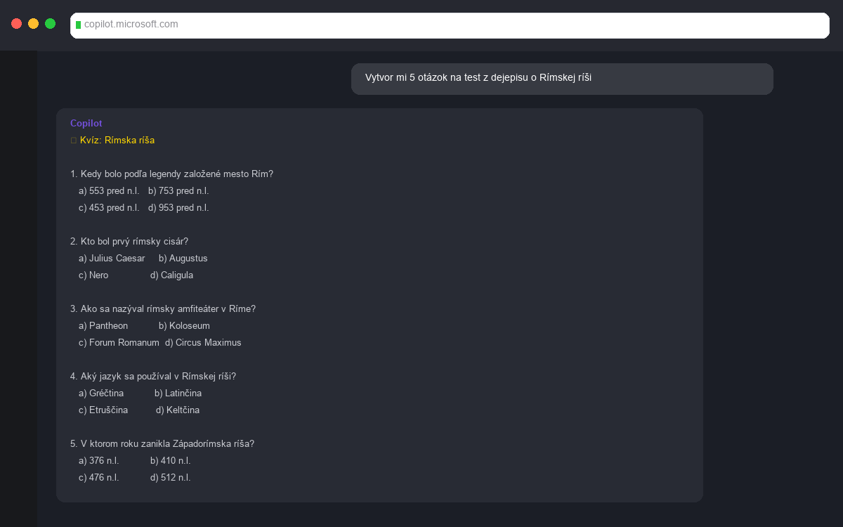 Ukážka kvízu na prípravu na písomku vygenerovaného Copilotom