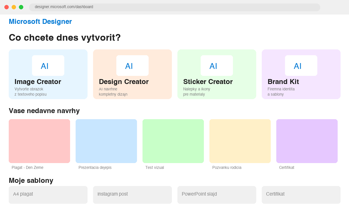 Pracovná plocha Microsoft Designer s nástrojmi