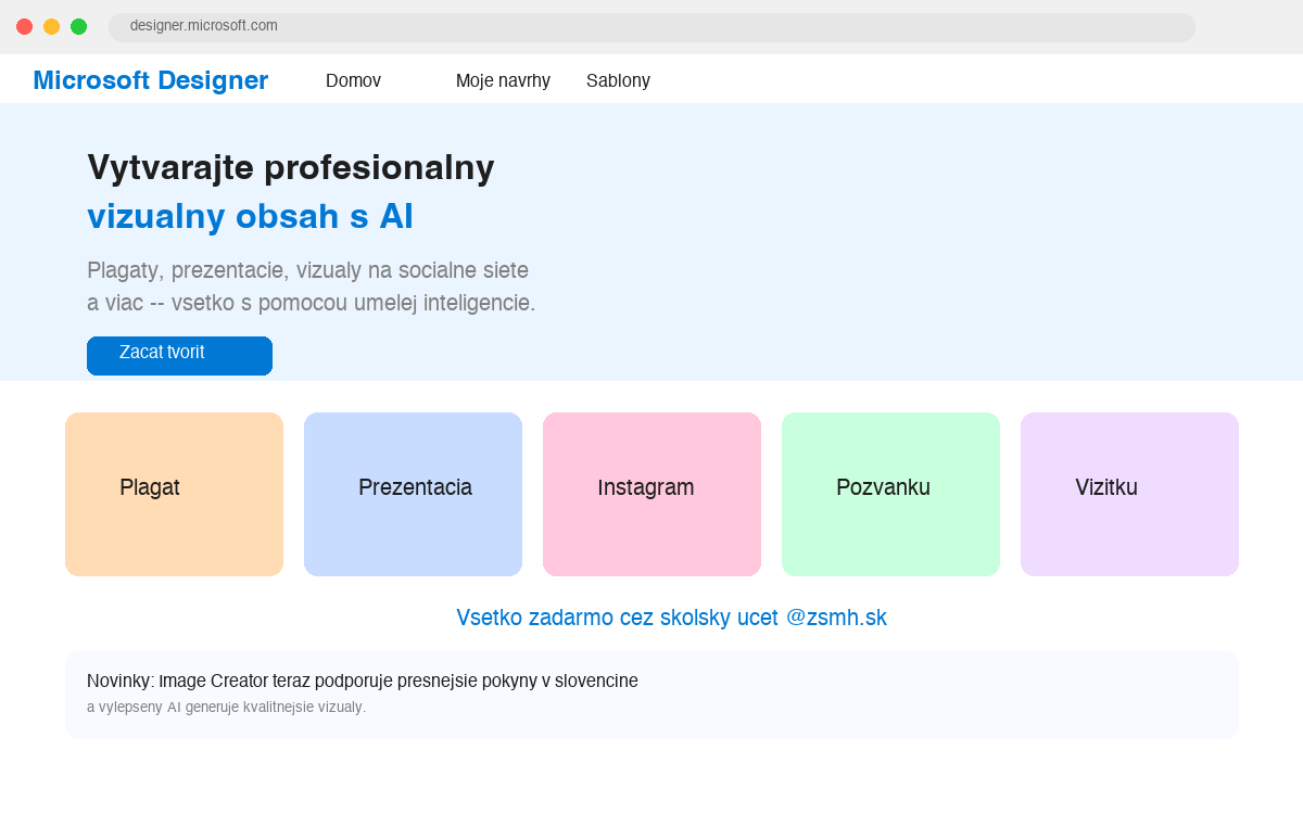 Uvítacia stránka Microsoft Designer