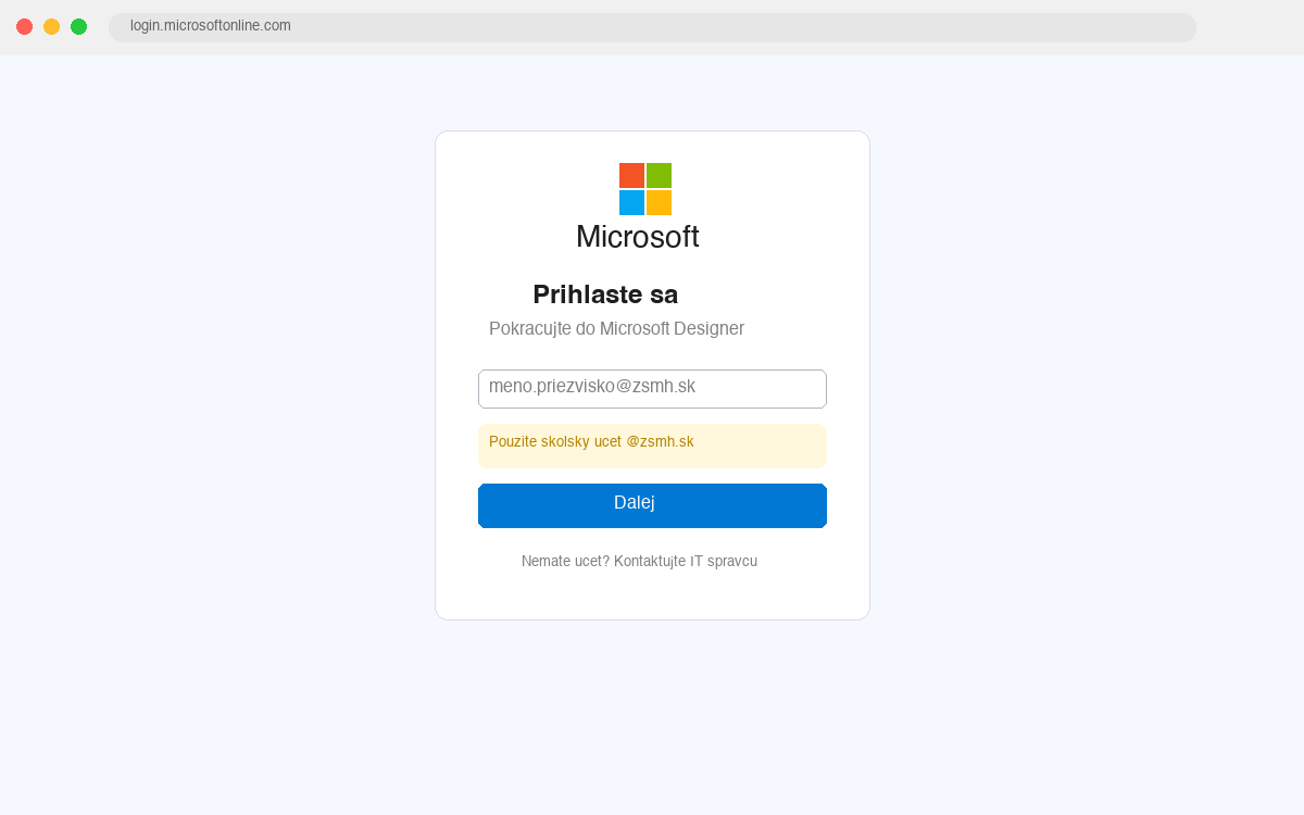 Prihlasovacia obrazovka Microsoft Designer