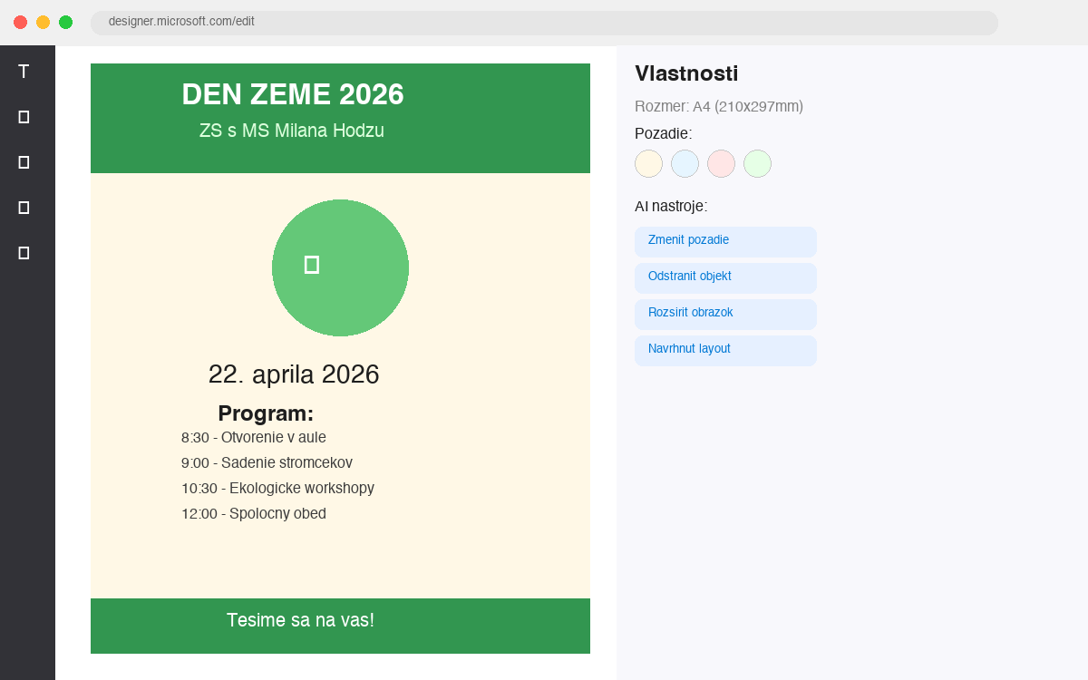 Príklad plagátu na školskú akciu vytvoreného v Microsoft Designeri
