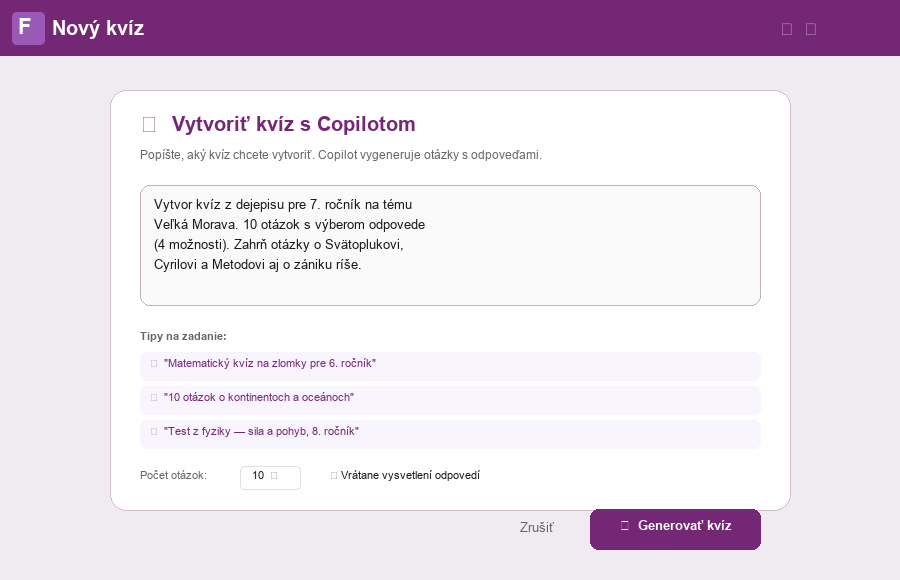 Dialóg na tvorbu kvízu s Copilotom