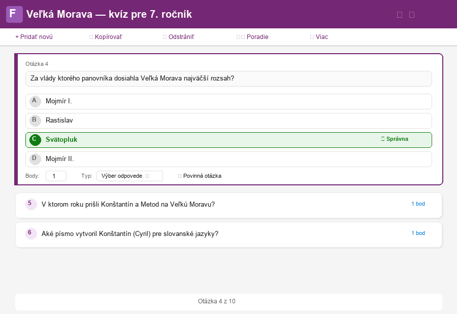 Editor kvízu s aktívnou otázkou