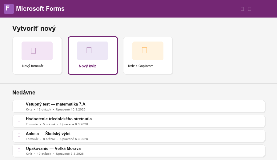 Úvodná stránka Microsoft Forms s možnosťou vytvoriť nový kvíz
