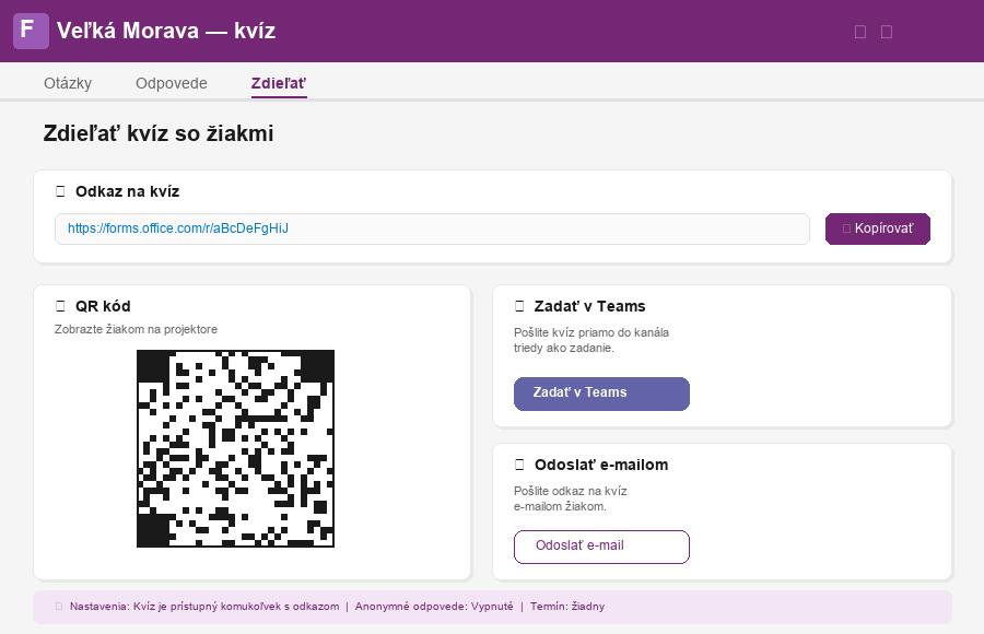 Zdieľanie kvízu — odkaz, QR kód, Teams