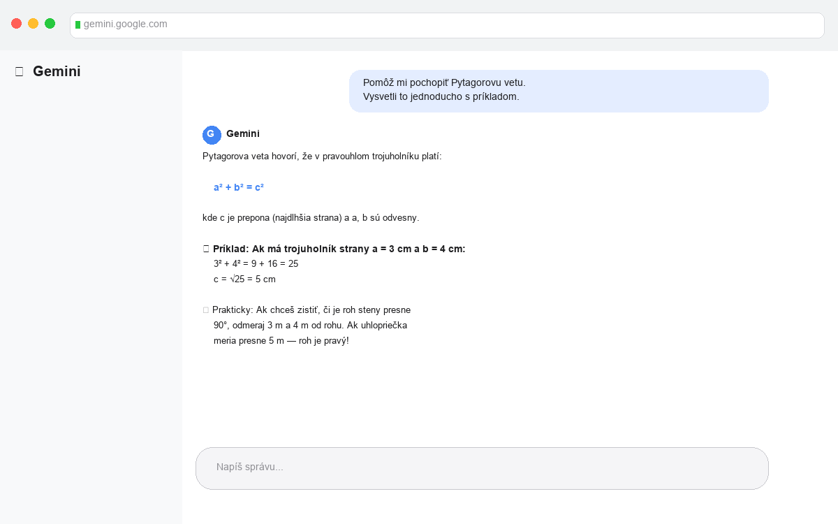 Gemini konverzacia - vysvetlenie Pytagorovej vety