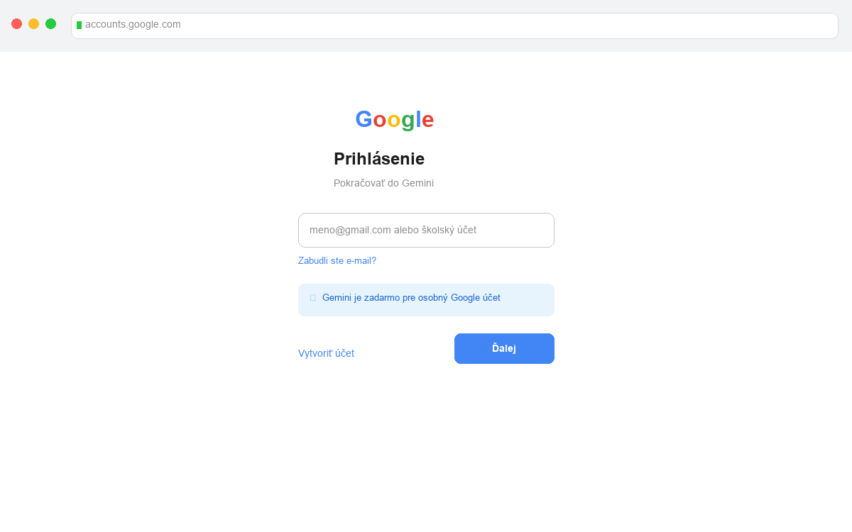 Prihlasovacia obrazovka Google Gemini s Google účtom