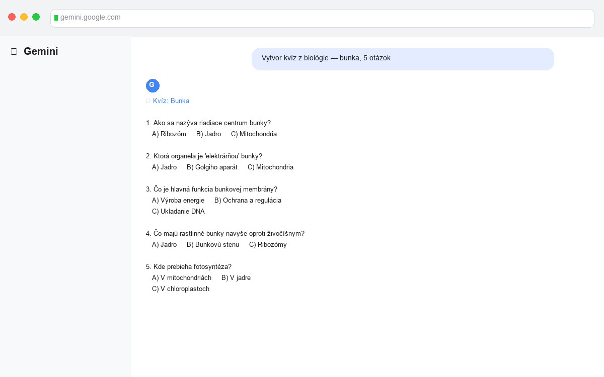 Ukážka kvízu na prípravu na písomku vygenerovaného Google Gemini
