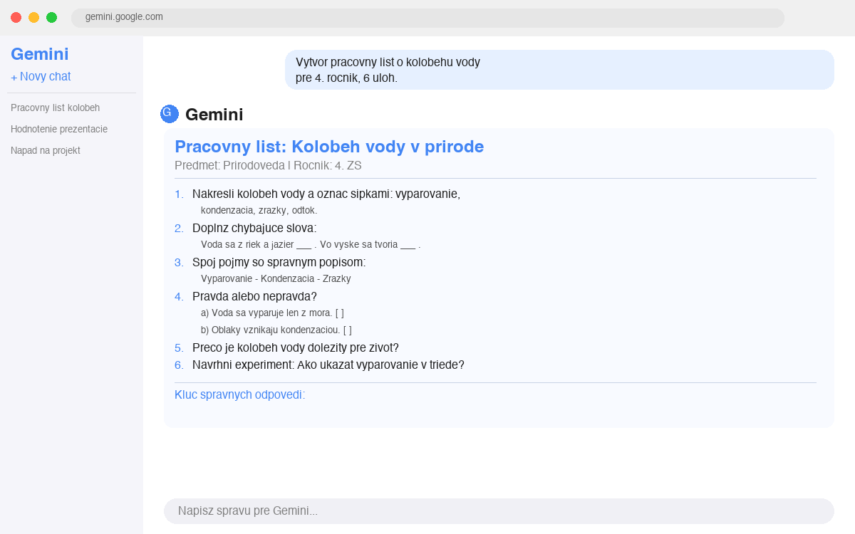 Gemini generuje pracovný list s úlohami o kolobehu vody