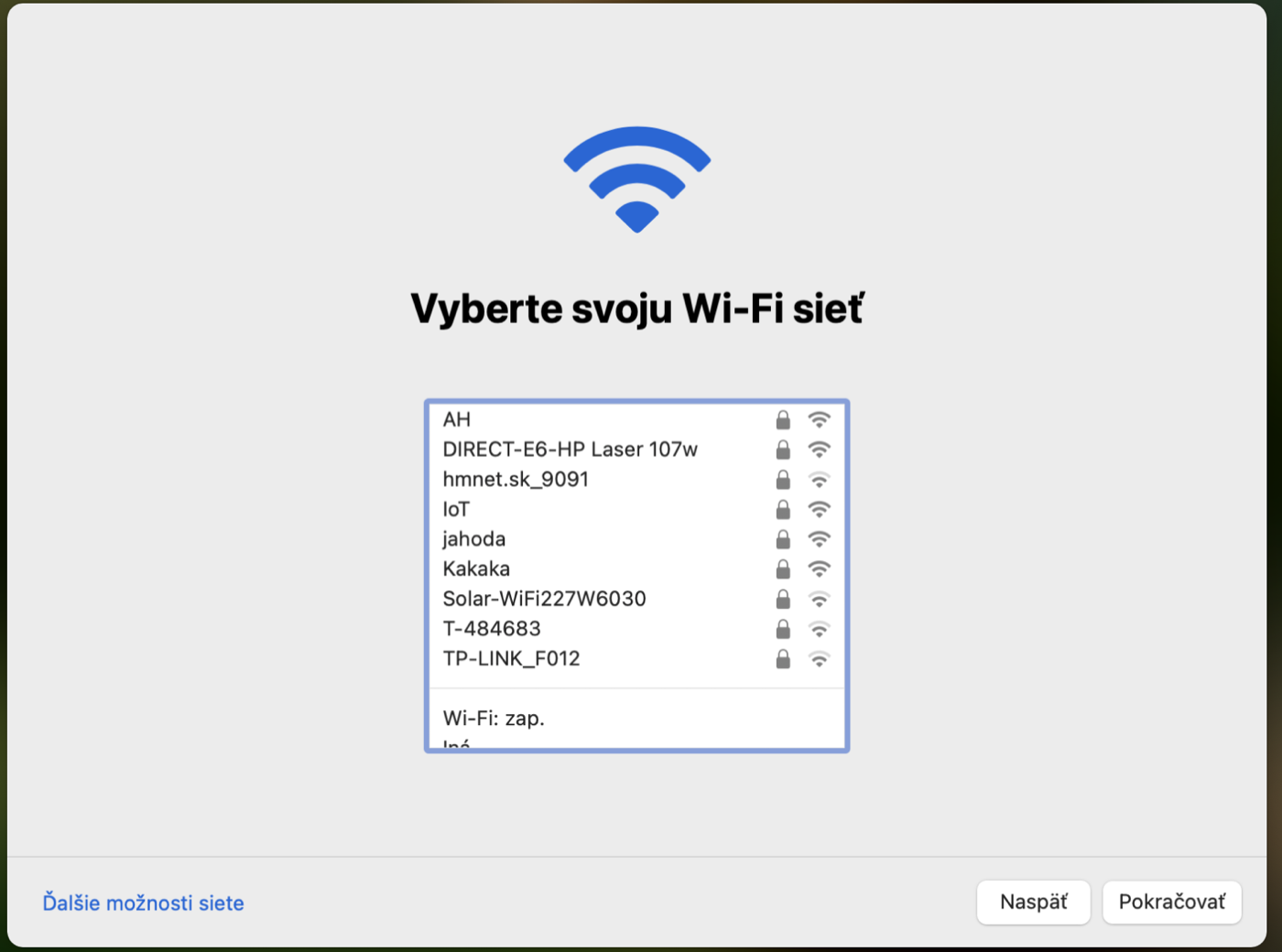 Obrazovka Vyberte svoju Wi-Fi sieť so zoznamom sietí