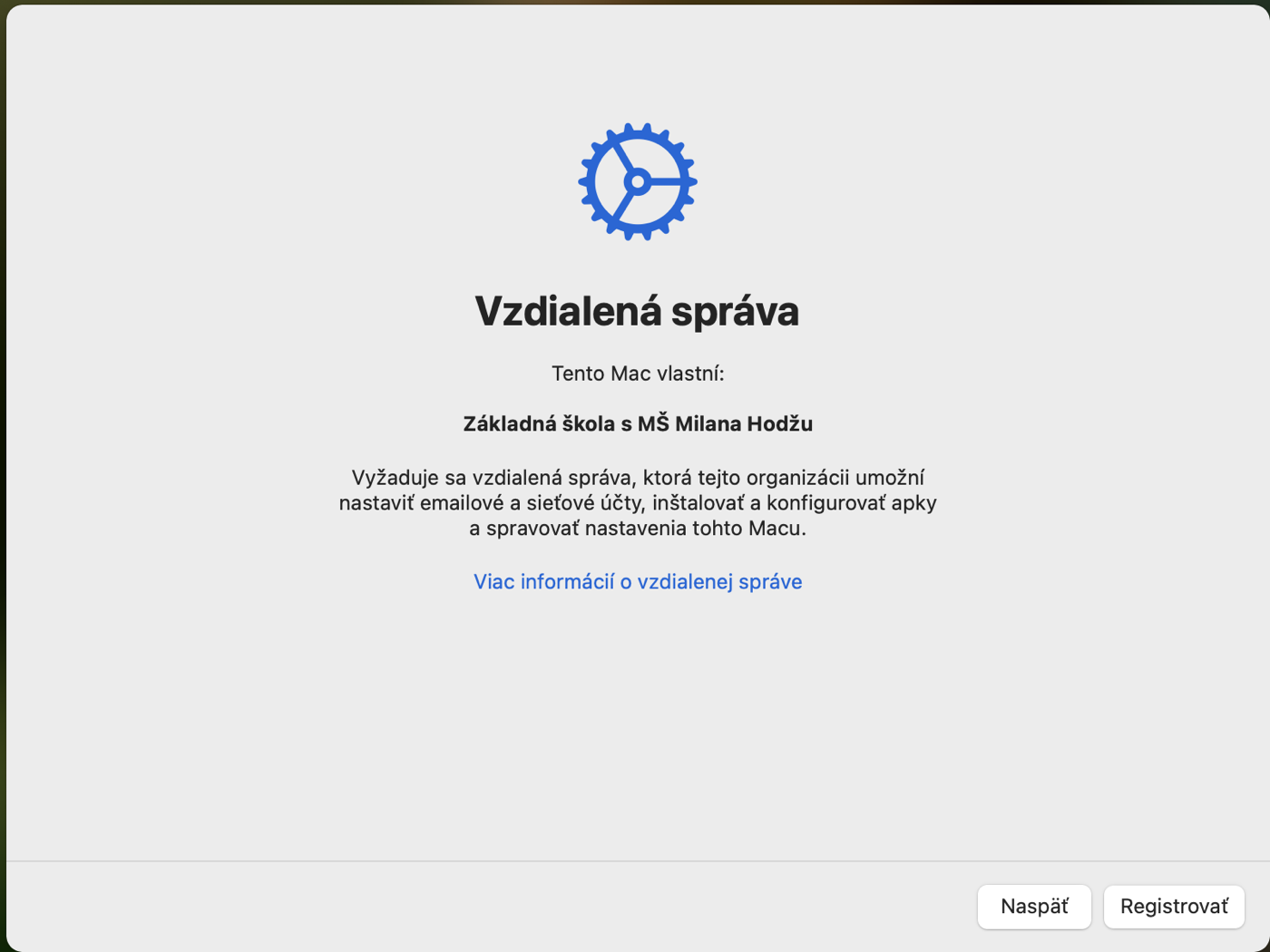 Obrazovka Vzdialená správa s tlačidlom Registrovať