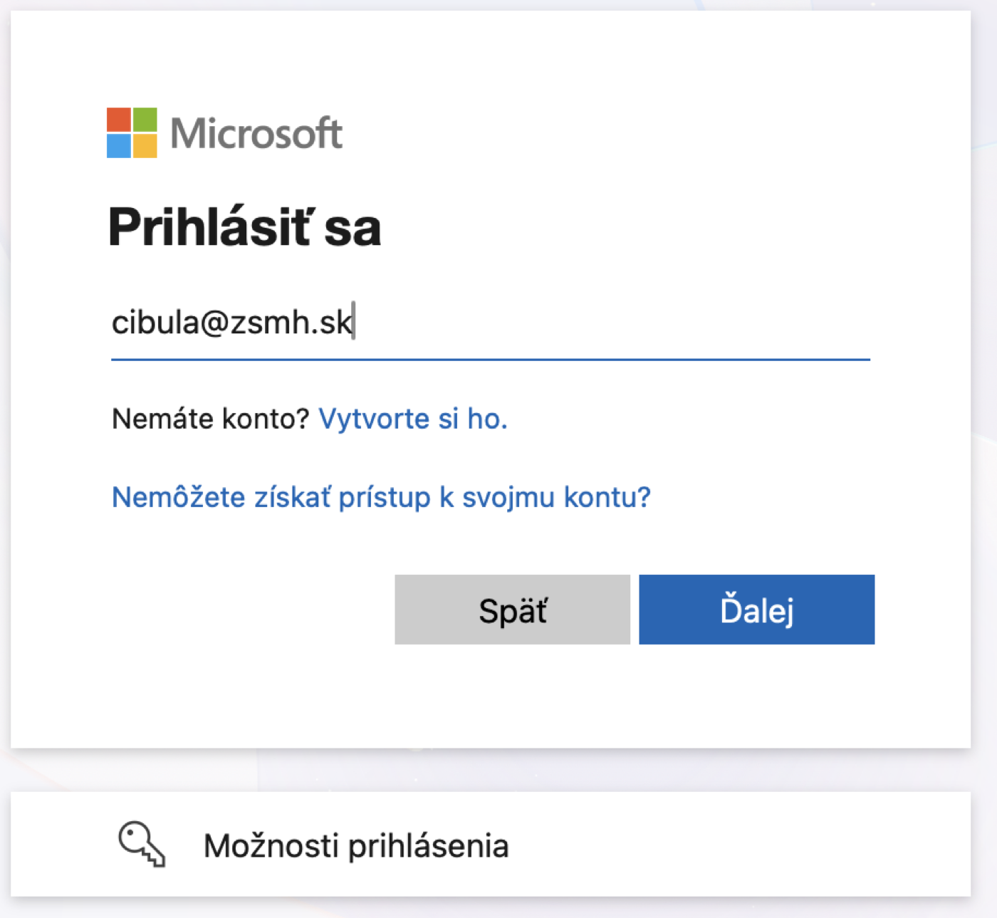 Prihlasovacie okno Microsoftu so zadaným školským emailom