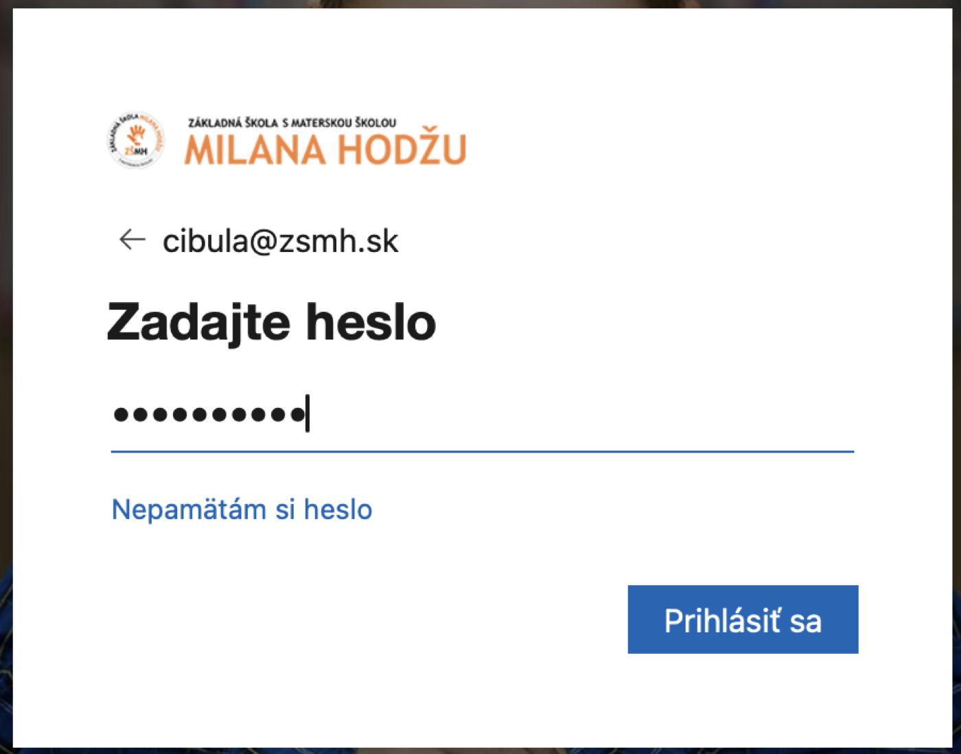 Obrazovka Zadajte heslo s logom školy