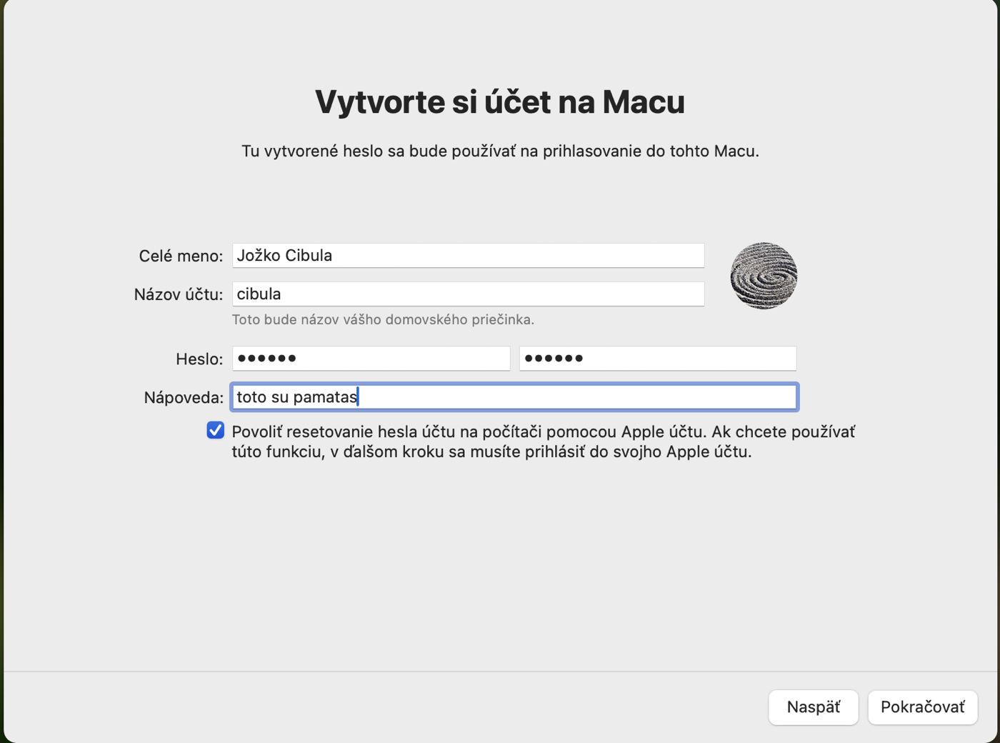 Obrazovka Vytvorte si účet na Macu s poľami meno, názov účtu, heslo a nápoveda