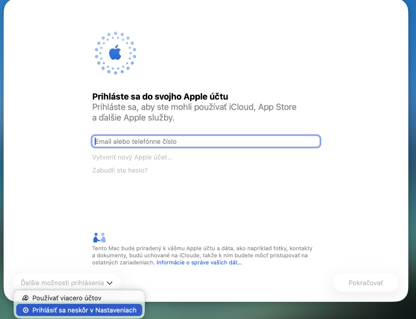 Obrazovka Prihláste sa do svojho Apple účtu s rozbaleným menu Ďalšie možnosti prihlásenia