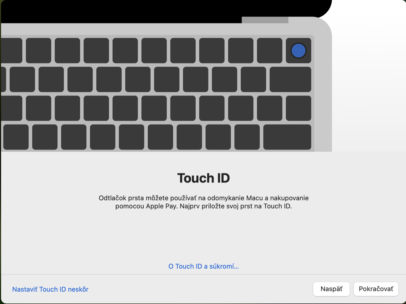 Obrazovka Touch ID s vyznačeným snímačom na klávesnici