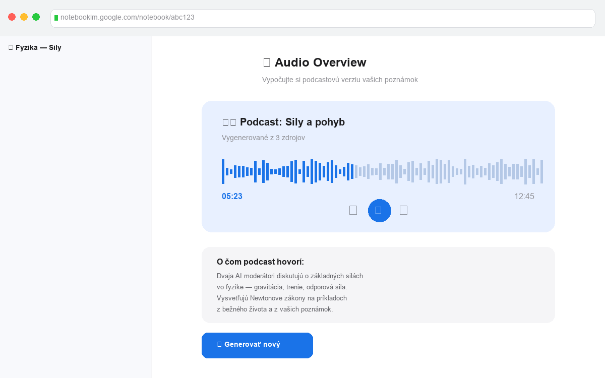 Audio Overview v NotebookLM — tlačidlo Generate a prehrávač podcastu