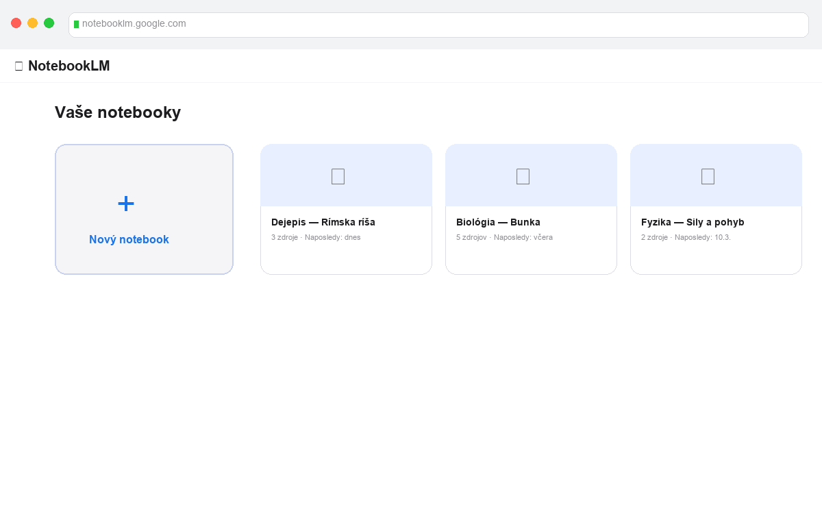 Hlavná stránka Google NotebookLM — notebooklm.google.com s tlačidlom New Notebook