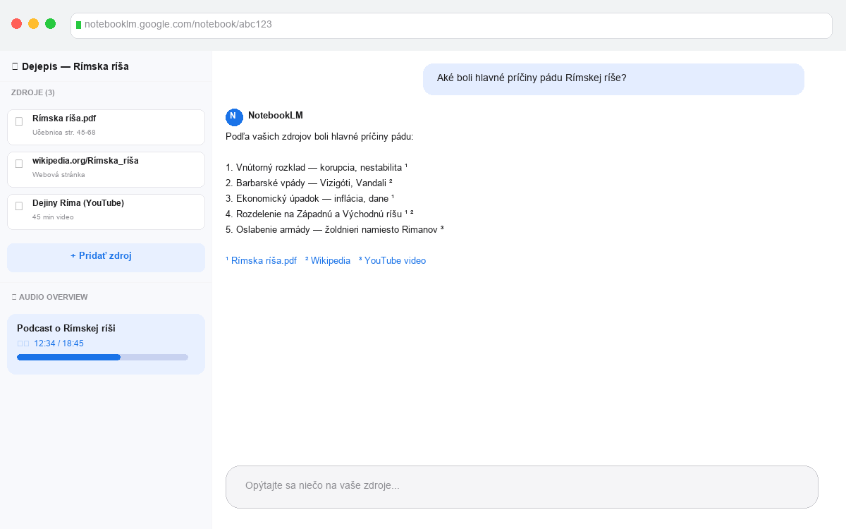 Rozhranie NotebookLM — chat, nahrané zdroje a tlačidlo Audio Overview
