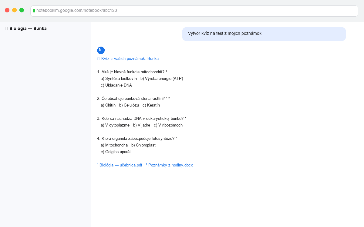 Ukážka kvízu na prípravu na písomku vygenerovaného NotebookLM z nahraných poznámok