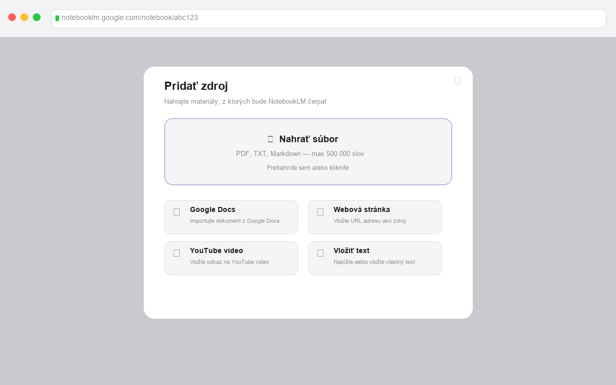 Pridávanie zdrojov do NotebookLM — dialóg Add source s možnosťami PDF, URL, YouTube, Google Docs