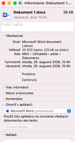 Okno Informácie o súbore s časťou Otvoriť v aplikácii