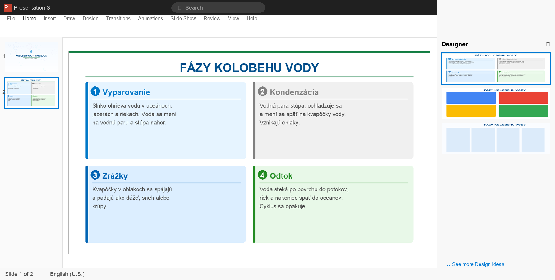 PowerPoint Designer panel s návrhmi SmartArt rozloženia pre slajd Fázy kolobehu vody