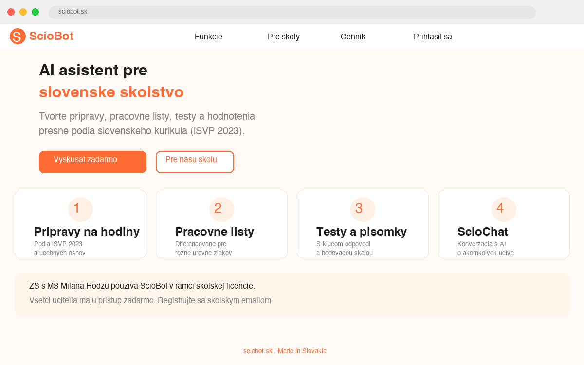 Úvodná stránka ScioBot — AI asistent pre slovenské školy