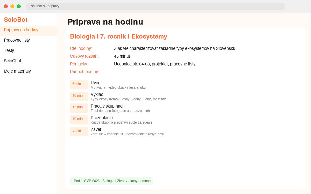 Ukážka vygenerovanej prípravy hodiny v ScioBote