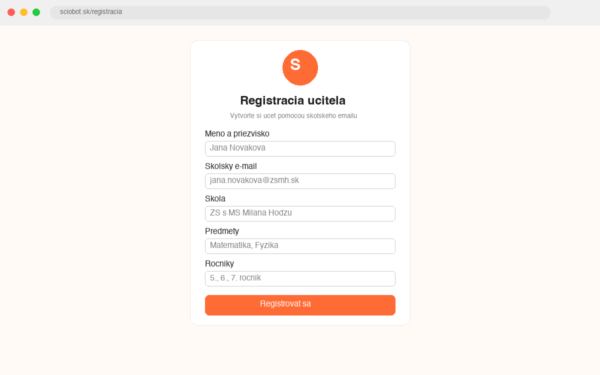 Registračný formulár ScioBot