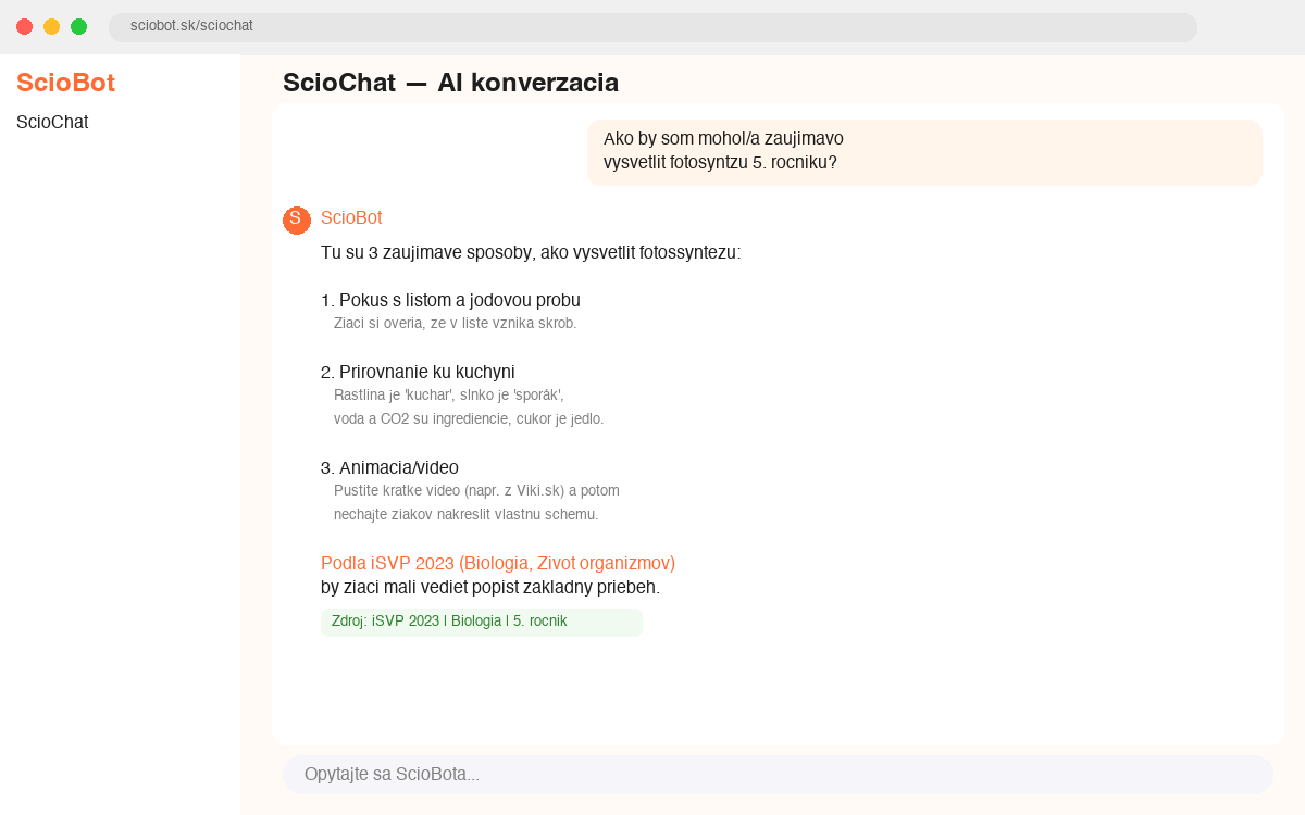 Rozhranie ScioChatu — konverzácia s AI asistentom