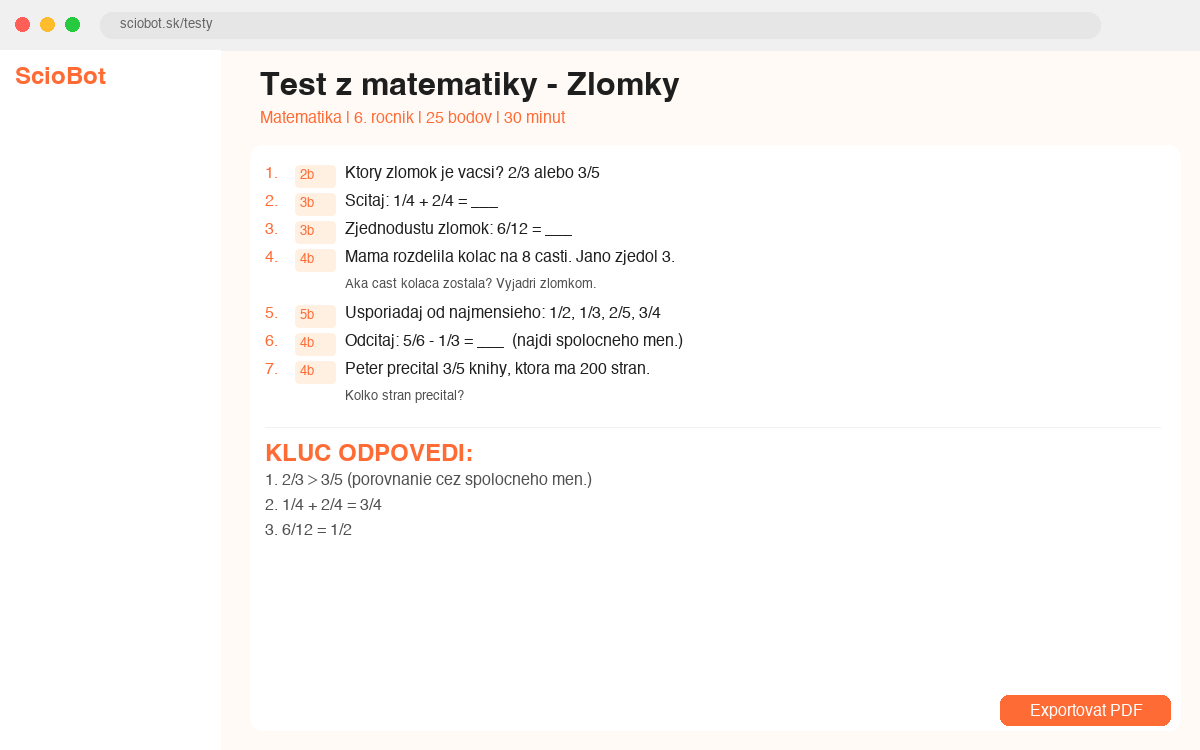 Ukážka vygenerovaného testu z matematiky