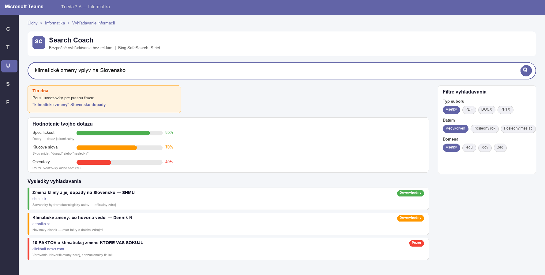 Search Coach v Microsoft Teams — vyhľadávanie s hodnotením dotazu, filtrami a výsledkami