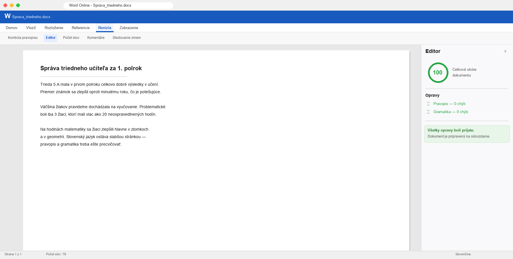Word Online s Editorom po oprave všetkých chýb — skóre 100, zelená kontrolka