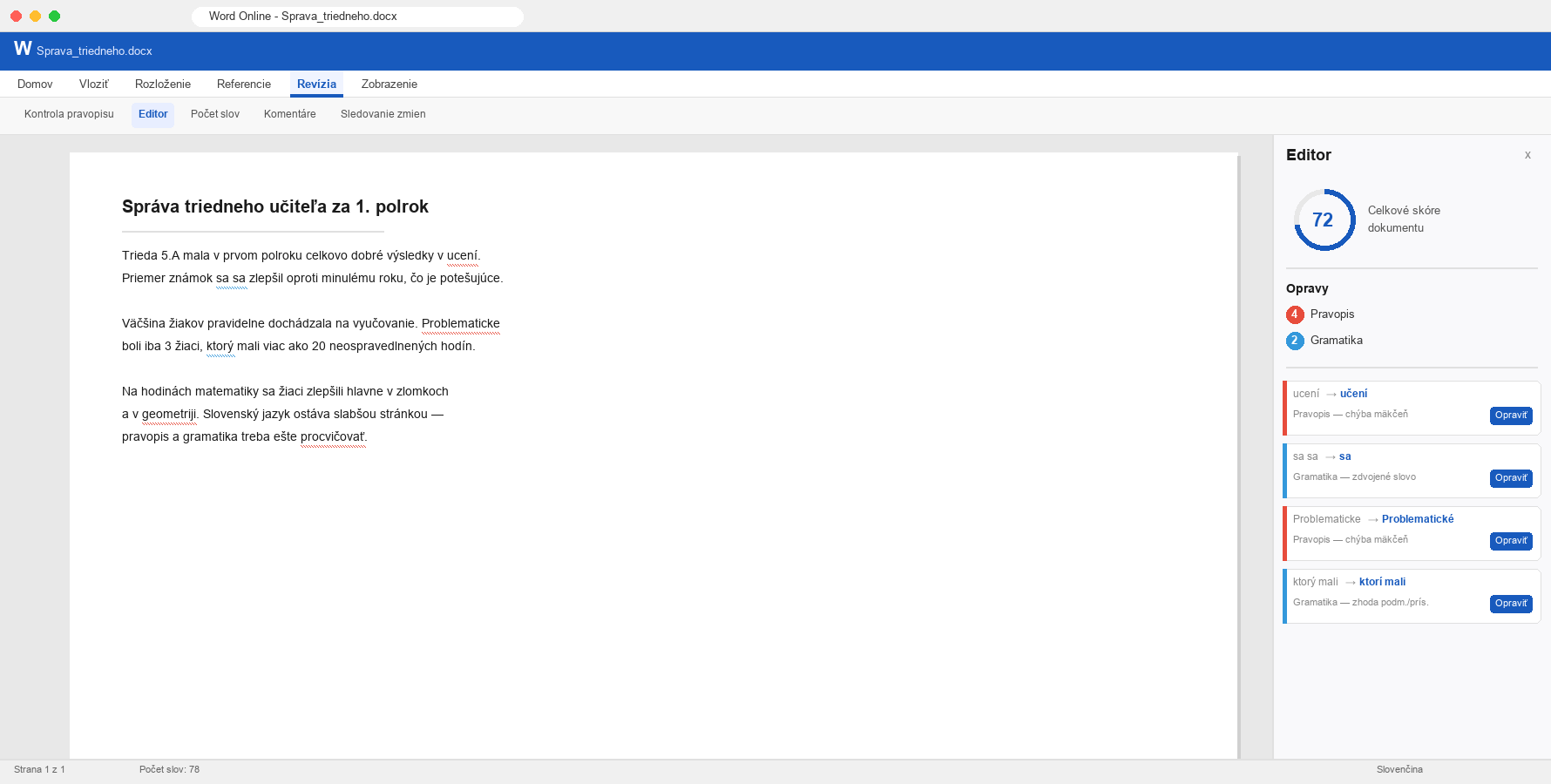Word Online s otvoreným panelom Editor — slovenský text s vyznačenými chybami a návrhmi opráv