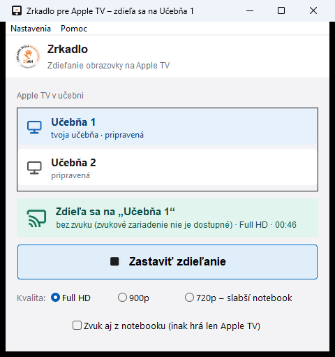 Okno Zrkadla počas premietania so zeleným pruhom a tlačidlom Zastaviť zdieľanie